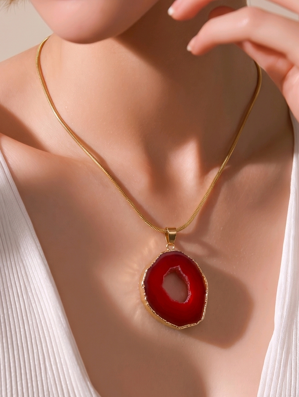 Red Agate Slice Pendant Necklace Gold Druzy Statement Bold Luxe Passion Jewelry
